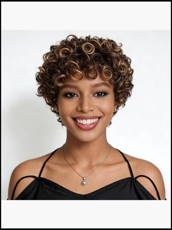 Short Curly Pixie Cut Wig with Bangs 100% Human Hair Lightweight 150% Density main image 6